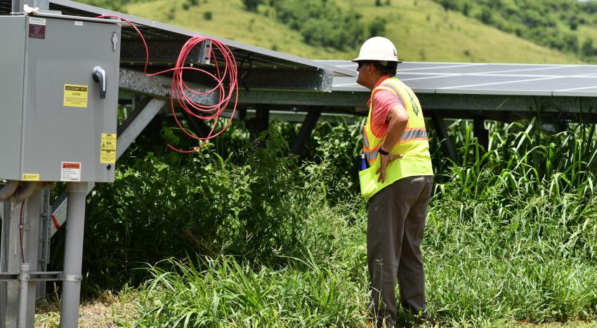 Worker inspecting solar panel