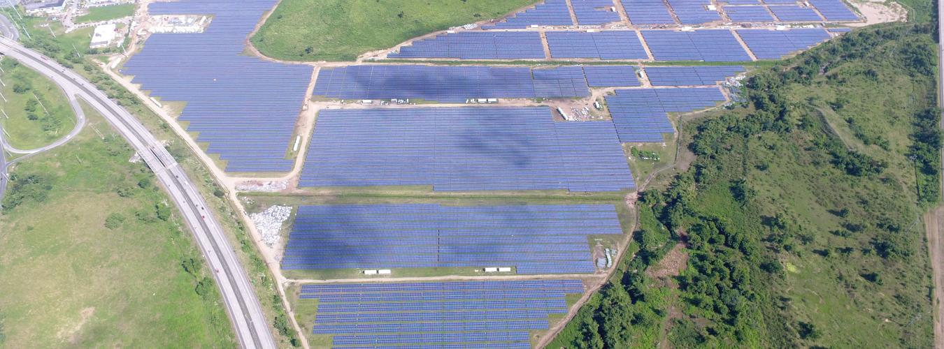 Aerial view of industrial solar panel installation